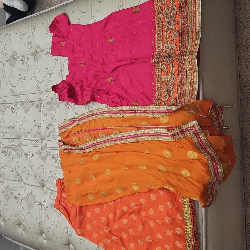 Women's Orange and Pink Embellished Palazzo Pants Set